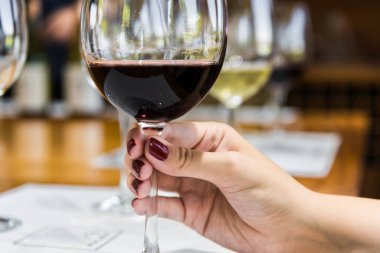 Şarap kadehini kırmızı şarapla tutan genç bir kadın..