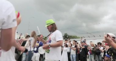 Rusya, Moskova - 11 Temmuz 2018: Müzisyenler maçtan önce. Hırvatistan - İngiltere'de Moskova Rus içinde 2018 Temmuz Luzhniki Stadı nda maçtan önce Hırvatistan, İngiltere, Rusya'nın futbol taraftarları