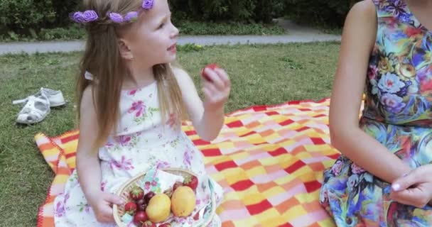 Meisje kind op een picknick — Stockvideo