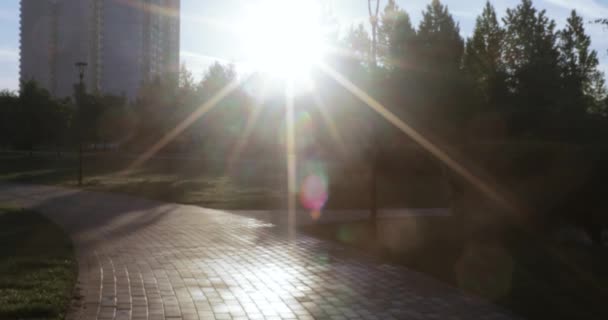 Sol retroiluminado e passarela com lanternas — Vídeo de Stock