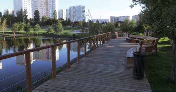 Wooden floor near the lake — стоковое видео