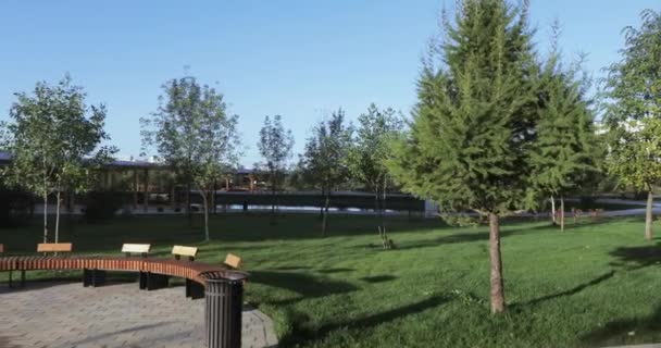 Аллея и скамейки в городском парке — стоковое видео