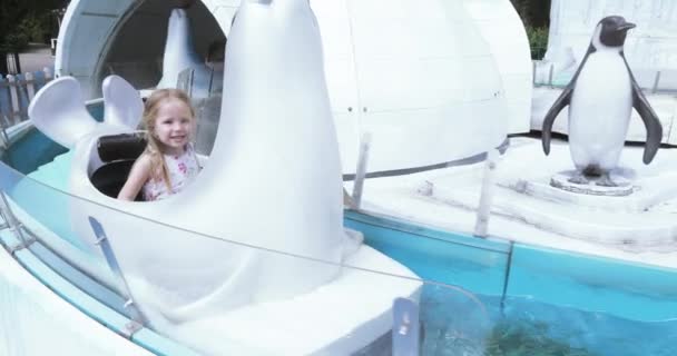 Girl child on a water attraction — Stock Video