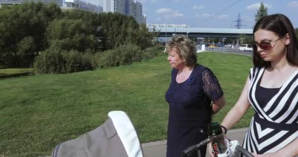 Молодая мать с мамой в парке — стоковое видео