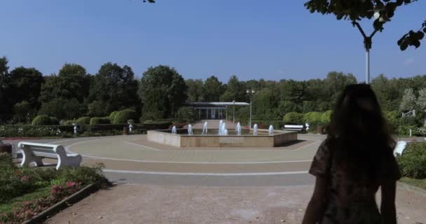 Молодая семья в парке с фонтаном — стоковое видео
