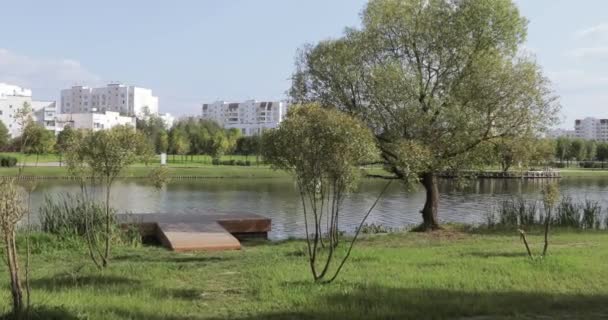 Muelles de madera en la orilla — Vídeo de stock