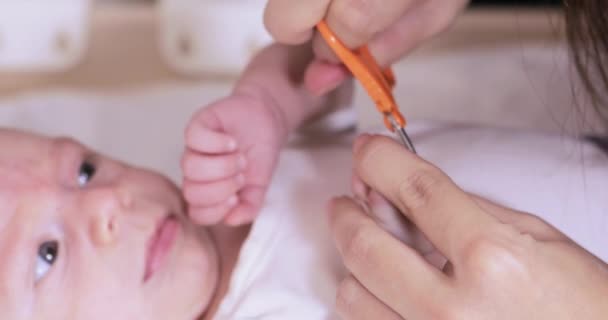 Мама стрижет ногти ребенку — стоковое видео