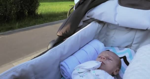 Im Rollstuhl das Baby — Stockvideo