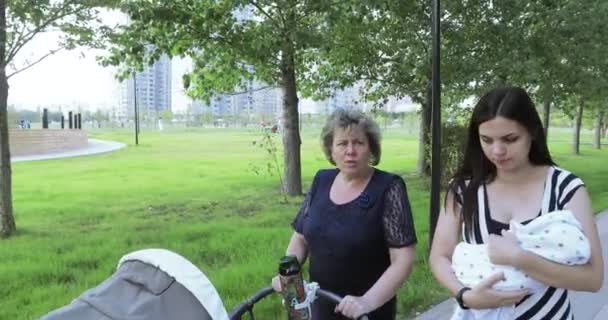 Jonge moeder met haar moeder in het park — Stockvideo