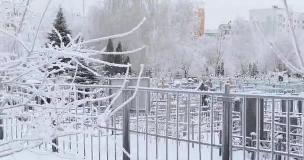 Cementerio cubierto de nieve — Vídeo de stock