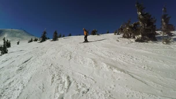 Ο άνθρωπος κατεβαίνει στα σκι από τα χιονισμένα βουνά — Αρχείο Βίντεο