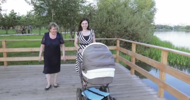Meninas com uma criança em uma ponte de madeira — Vídeo de Stock