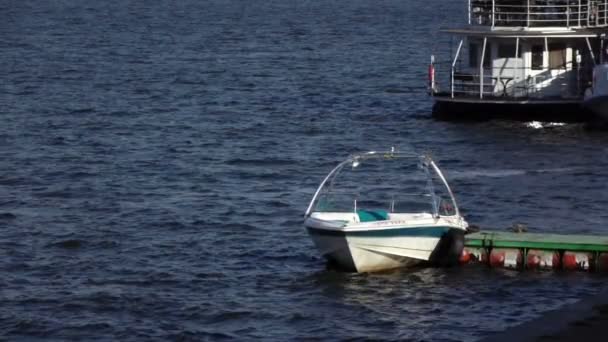 Boat at berth at river — Stock Video