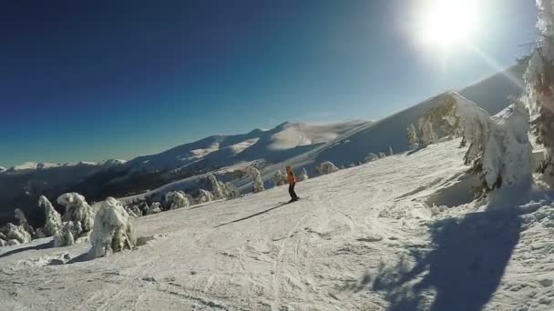 Mulher Descida em esquis das montanhas de neve — Vídeo de Stock