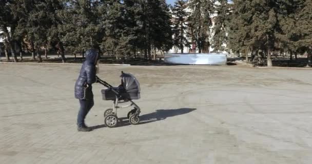 Jovem mãe caminhando com um carrinho — Vídeo de Stock