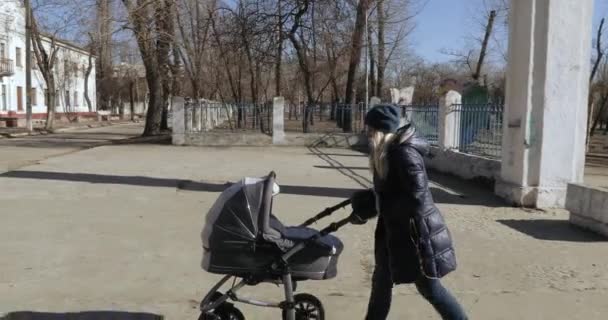 Moeder met een wandelwagen in het park — Stockvideo
