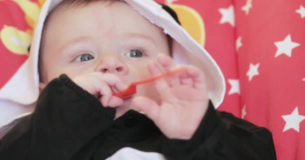 Baby boy holding a spoon — Stock Video