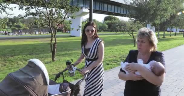 Νεαρή μητέρα με τη μαμά της στο πάρκο — Αρχείο Βίντεο