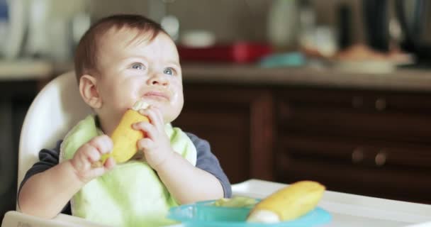 Baby boy eating a banana — Stock Video