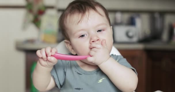 Kleine jongen eet bessenpuree — Stockvideo