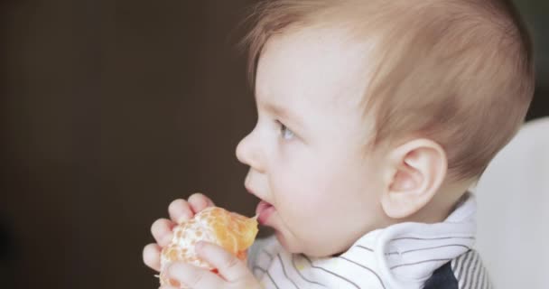 Мальчик ест мандарин — стоковое видео
