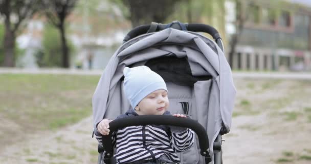 Baby jongen in een wandelwagen — Stockvideo