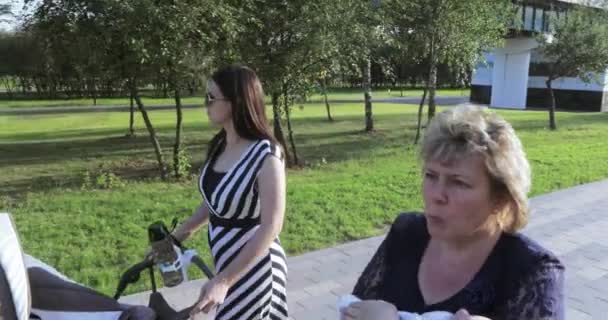 Young mother with her mom in the park — Stock Video