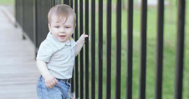 Anak laki-laki menempel ke pagar — Stok Video