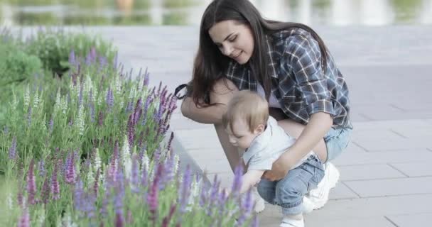 Mamma med ett barn nära en blomma säng — Stockvideo