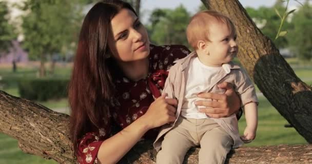 Mam met een baby op een boom — Stockvideo