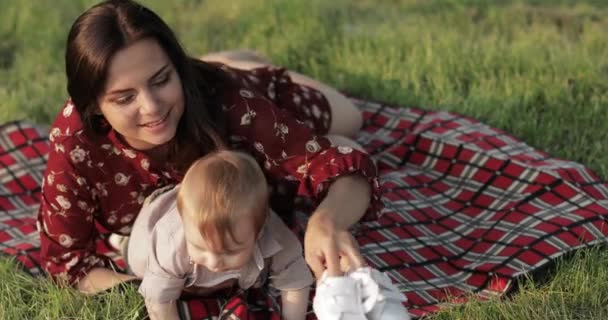 Moeder met een kind bij een picknick — Stockvideo