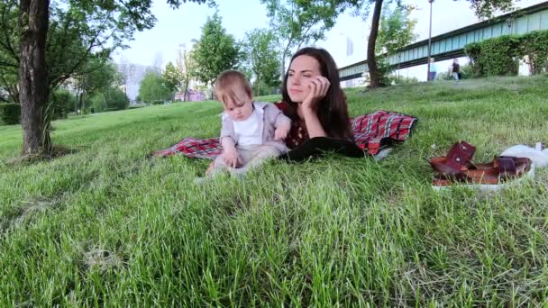 Anne ve çocuk piknikte. — Stok video