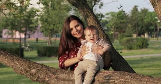Mamá con un bebé en un árbol — Vídeo de stock