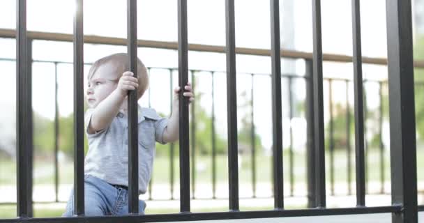 Jongen kind klampt zich aan het hek — Stockvideo