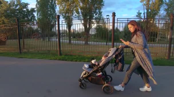 Moeder met een baby in een kinderwagen — Stockvideo