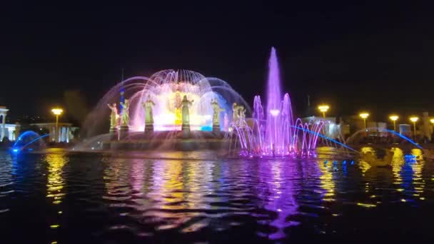Vernieuwde fontein van vriendschap 's nachts — Stockvideo