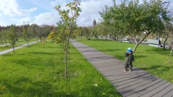 Kleine jongen op een houten loopbrug — Stockvideo