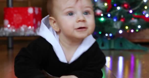 Baby Boy op kerstboom — Stockvideo