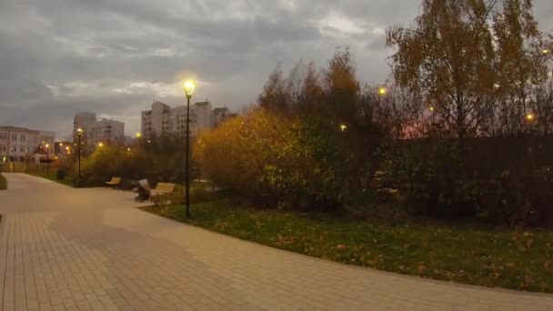 Осінній міський парк після сутінків — стокове відео