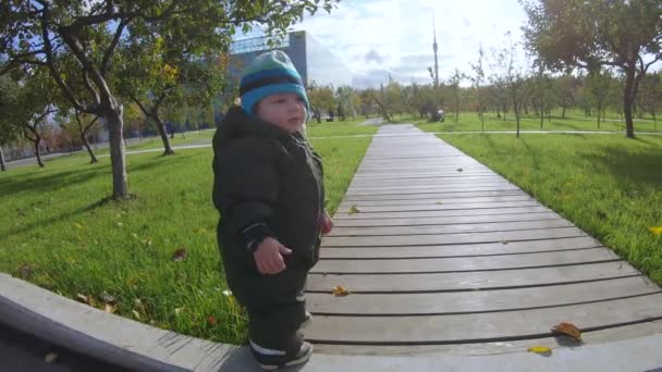 Niño en una pasarela de madera — Vídeos de Stock