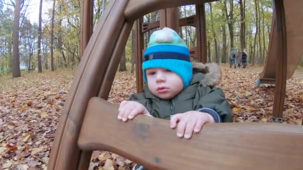 Menino infantil fica escada de madeira — Vídeo de Stock