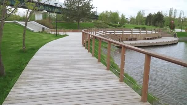 Wooden walkway with railing — Stock Video