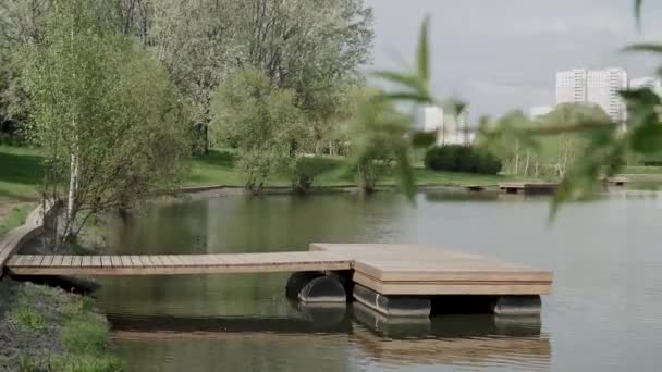 Muelle de madera en el estanque — Vídeo de stock