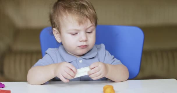 Niño jugando con plastilina colorido — Vídeo de stock