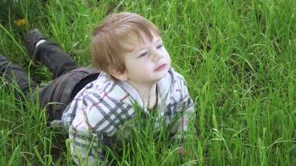 Garçon repose sur la pelouse