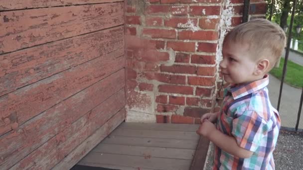 Chłopiec przy drewnianej bramie. — Wideo stockowe
