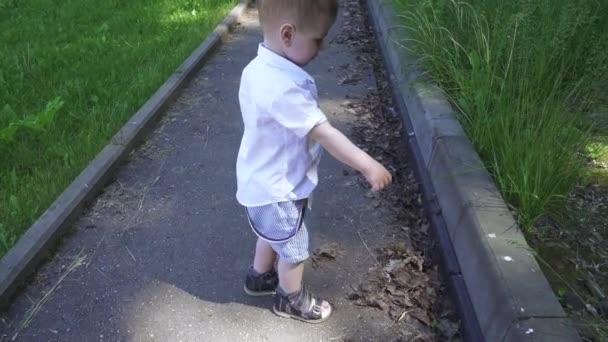 Мальчик играет на черствой траве — стоковое видео