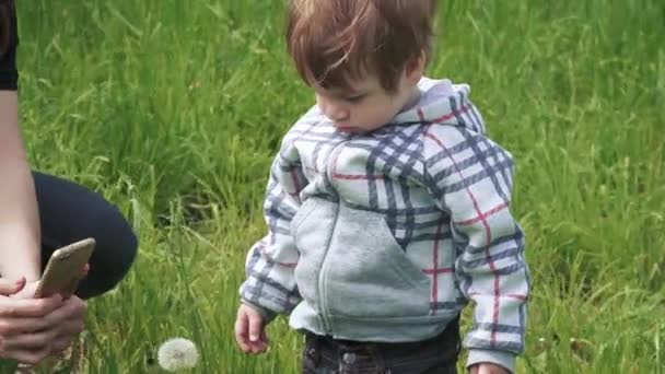 Garçon avec sa mère sur la pelouse — Video