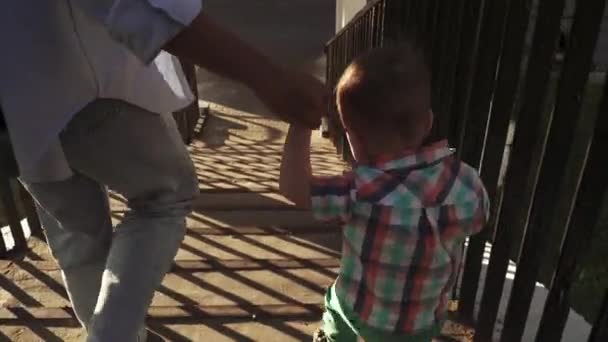 Boy dengan ibu di jembatan — Stok Video