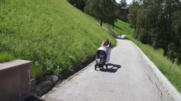 Een jongen in een kinderwagen op een stap — Stockvideo